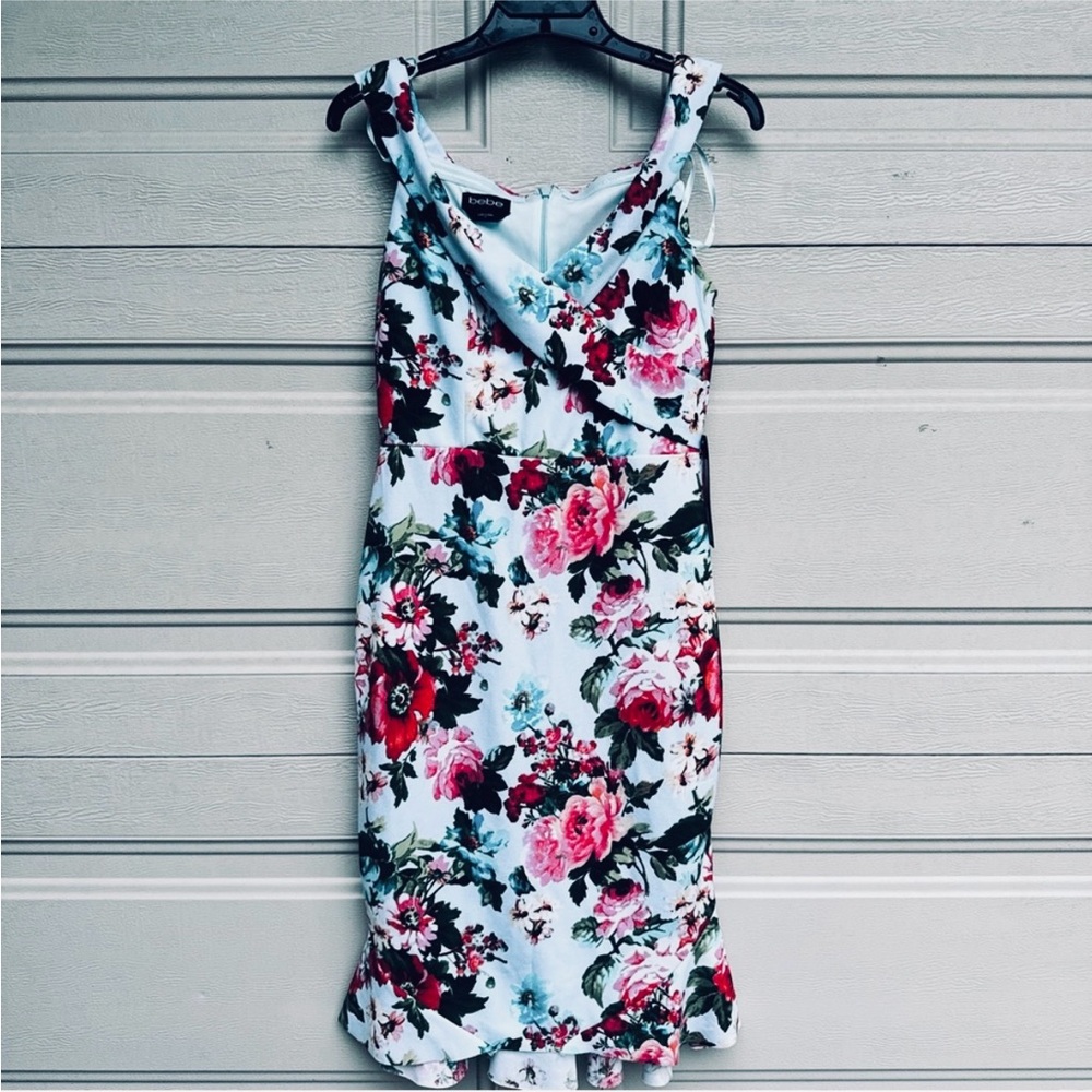 Bebe Asymmetrical Floral Ruffle Dress - Red and Blue